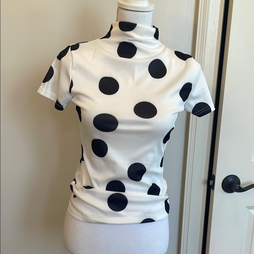 White Polka Dot Short Sleeve Mock Neck Top